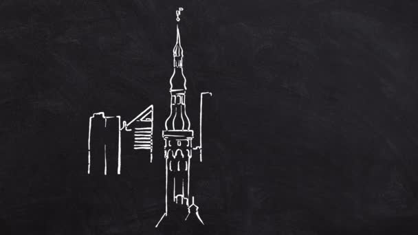 Tallinn Skyline con St Olafs líneas de dibujo de la iglesia — Vídeos de Stock