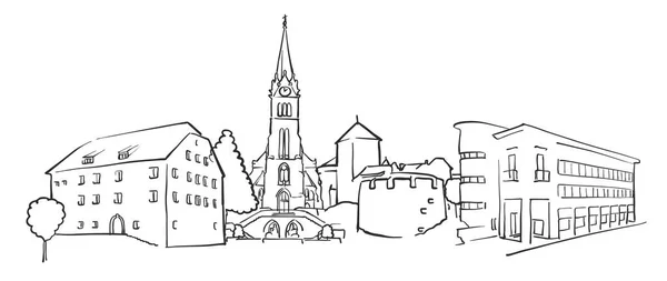 Vaduz Liechtenstein Panorama Sketch — Stock vektor