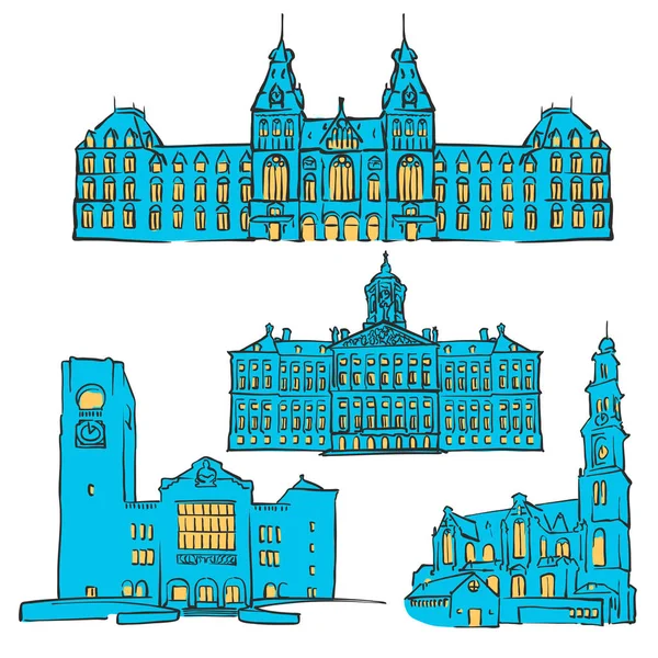 Amsterdam, Netherlands, Colored Landmarks — Stock Vector