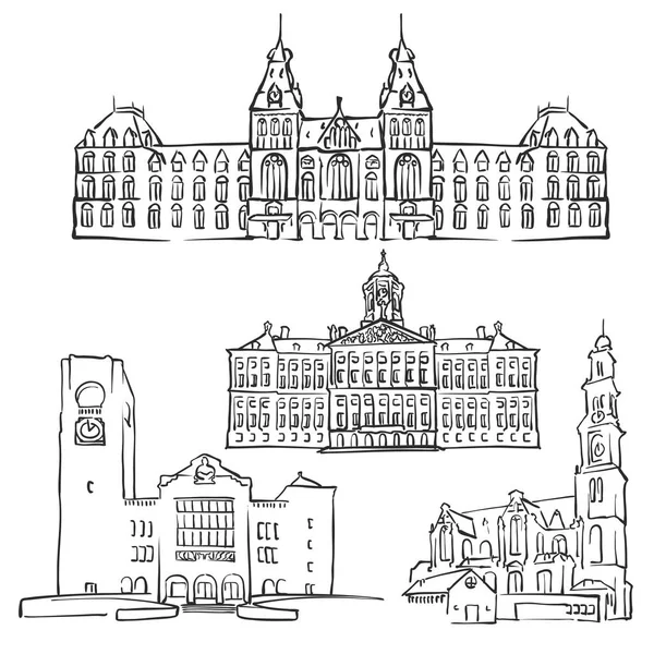 Amsterdam, Pays-Bas, Bâtiments célèbres — Image vectorielle