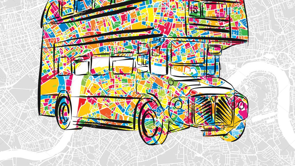 Handdrawn London Bus in colorful urban city map