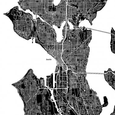 Seattle, Washington. Şehir merkezindeki vektör harita.