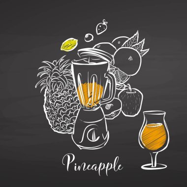 Ananas güler yüzlü sahne kara tahta üzerinde