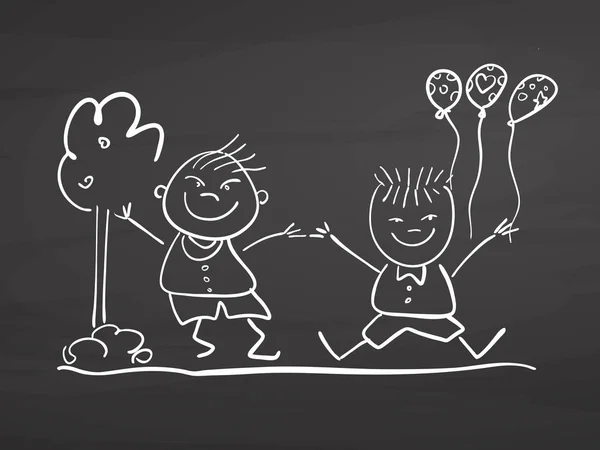 Children jumping with ballons. Drawing on chalkboard.