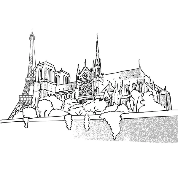 Notre Dame y la Torre Eiffel escena de viaje — Vector de stock