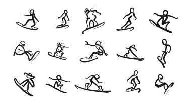 Çizilmiş hareket çalışmaları snoboarder simgeler el