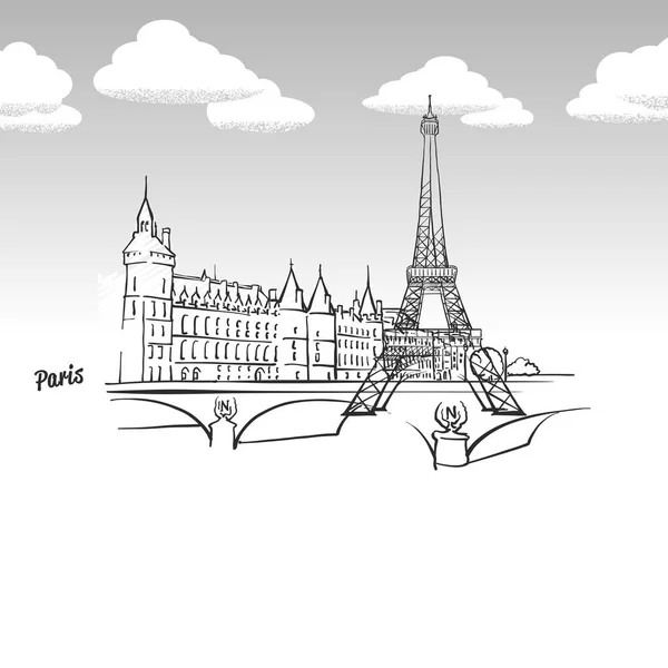 Paris, France famous landmark sketch — Stock Vector