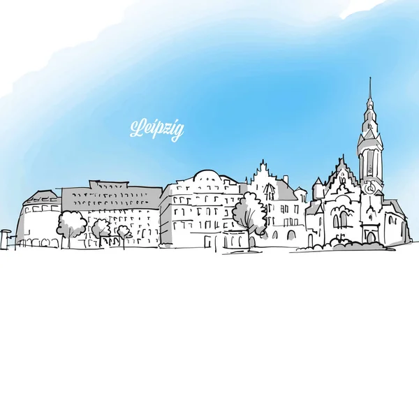 Illustration de bannière de contour de panorama de Leipzig — Image vectorielle
