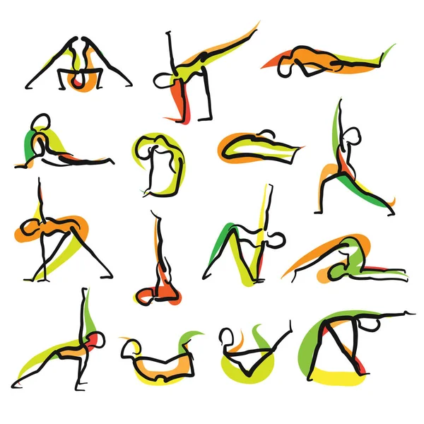 Set van 16 Yoga Doodle pictogrammen — Stockvector