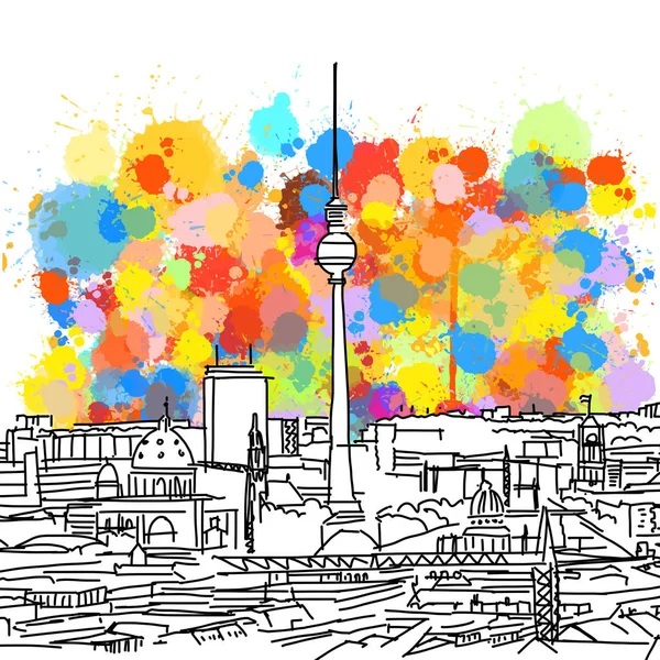 Berwarna Berlin Skyline Sketch - Stok Vektor