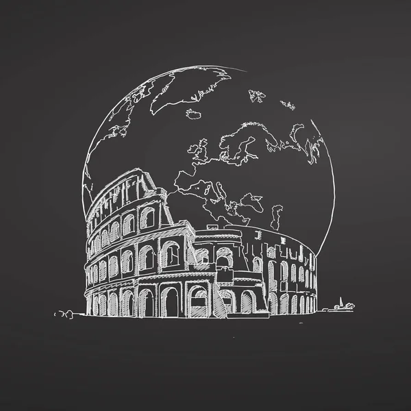 Colosseum en aarde. Schets op schoolbord. — Stockvector