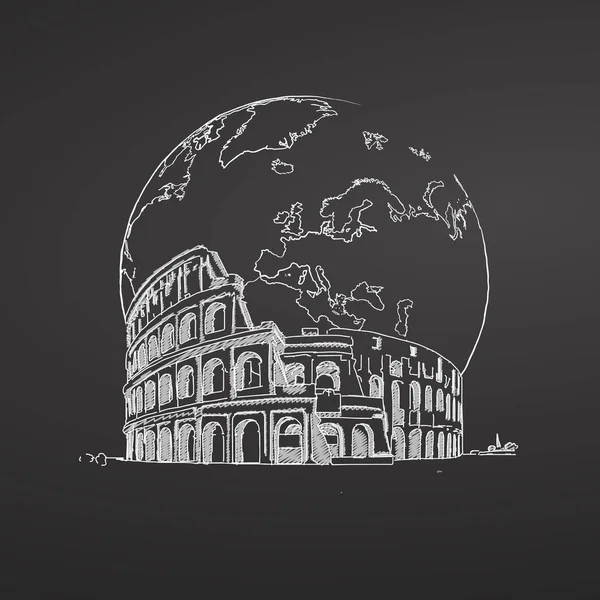 Coliseum and Earth. Sketch on Chalkboard. — Stock Vector