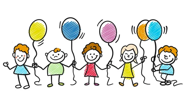 Gelukkig doodle kinderen met ballonnen — Stockvector