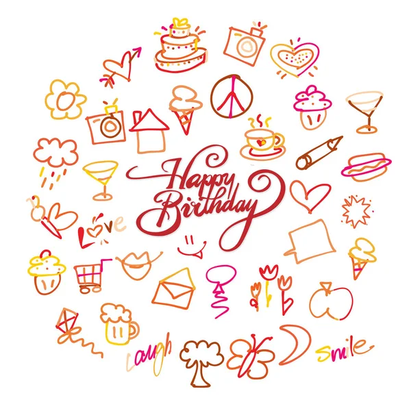 Zadowolony urodziny napis i doodles — Wektor stockowy