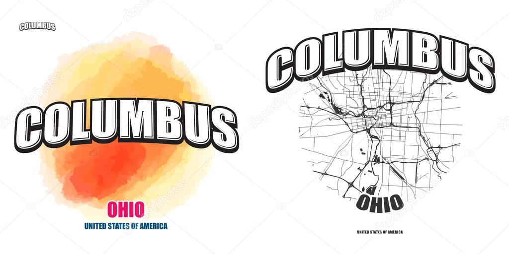 Columbus, Ohio, logo design. Two in one vector arts. Big logo with vintage letters with nice colored background and one-color-version with map for every possible print production.