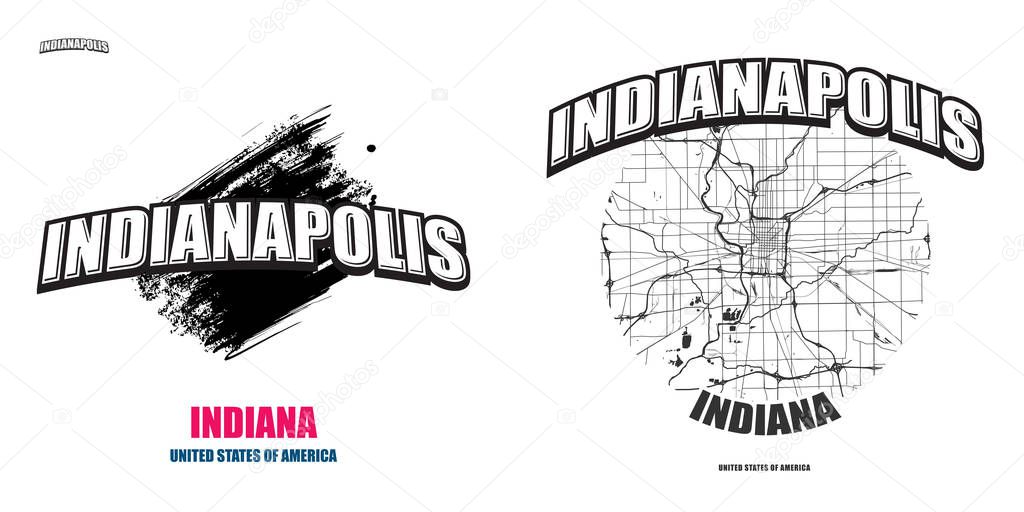 Indianapolis, Indiana, logo design. Two in one vector arts. Big logo with vintage letters with nice colored background and one-color-version with map for every possible print production.