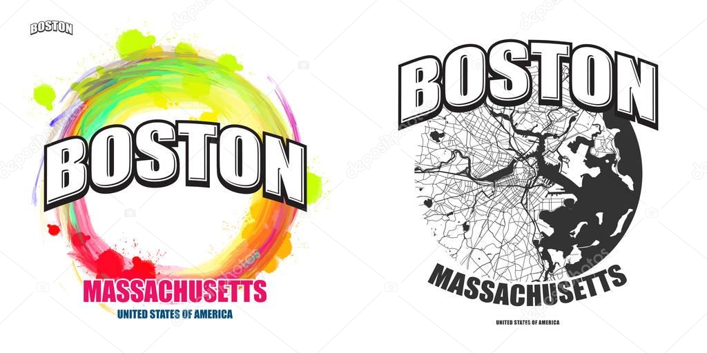 Boston, Massachusetts, logo design. Two in one vector arts. Big logo with vintage letters with nice colored background and one-color-version with map for every possible print production.