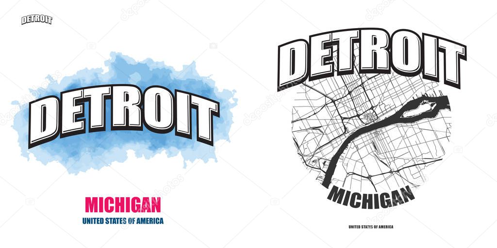 Detroit, Michigan, logo design. Two in one vector arts. Big logo with vintage letters with nice colored background and one-color-version with map for every possible print production.