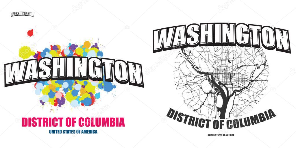 Washington, DC, logo design. Two in one vector arts. Big logo with vintage letters with nice colored background and one-color-version with map for every possible print production.