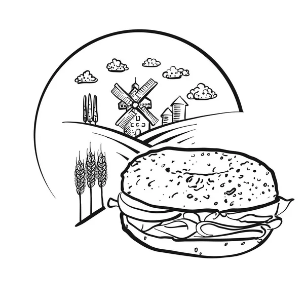 Bagel and Farm Logo Sketch. Sinal do rótulo do vetor . — Vetor de Stock