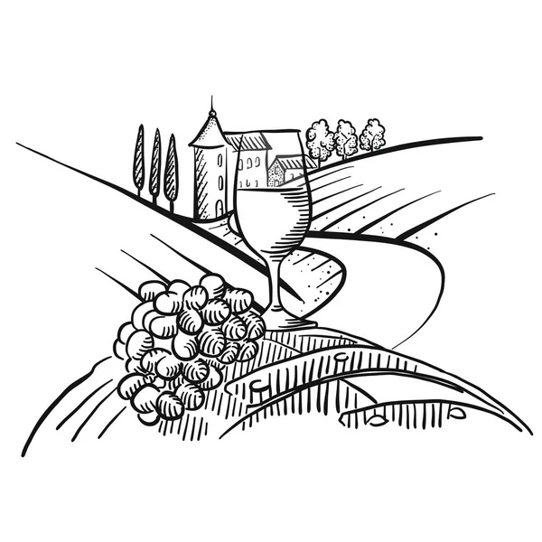 Vins et raisins devant les terres agricoles — Image vectorielle