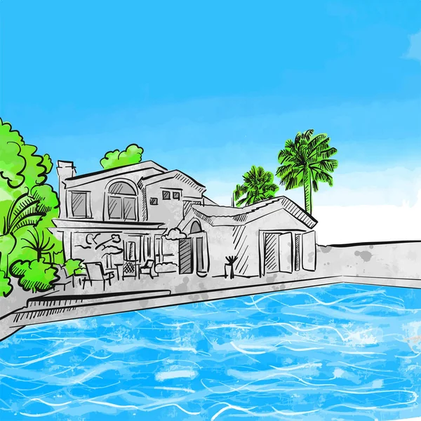 Concetto di disegno di casa e piscina — Vettoriale Stock