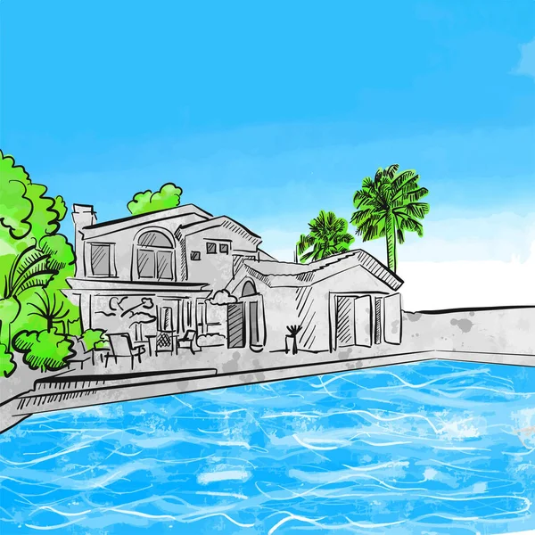 Concept de dessin maison et piscine — Image vectorielle