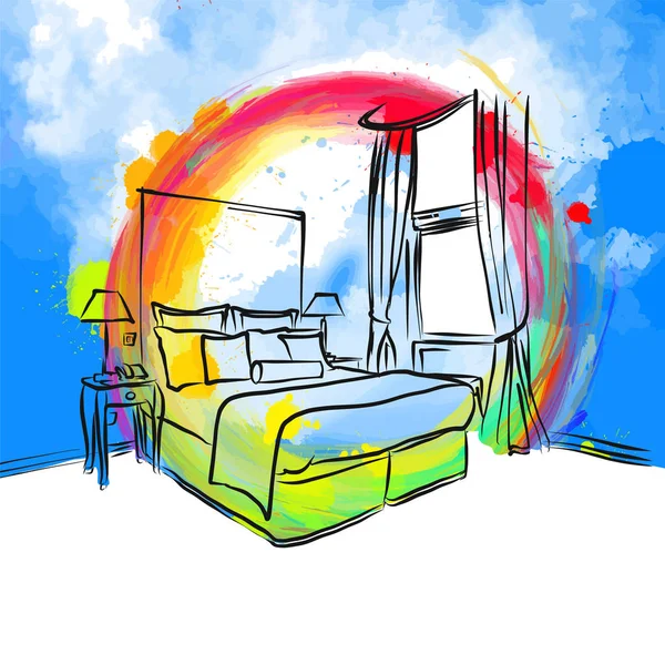 Farbenfrohe Schlafzimmer Hotel Zeichnung Konzept — Stockvektor