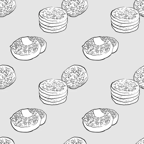 Crumpet seamless pattern greyscale drawing — Stock Vector