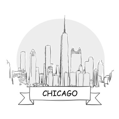 Chicago Şehir Vektör İşareti. Kurdele ve Başlıklı Çizgi Sanat Resimleri.