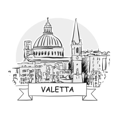 Valetta Şehir Vektör İşareti. Kurdele ve Başlıklı Çizgi Sanat Resimleri.