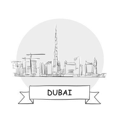 Dubai Şehir Vektör İşareti. Kurdele ve Başlıklı Çizgi Sanat Resimleri.