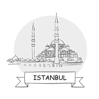 İstanbul Şehir Vektör İşareti. Kurdele ve Başlıklı Çizgi Sanat Resimleri.