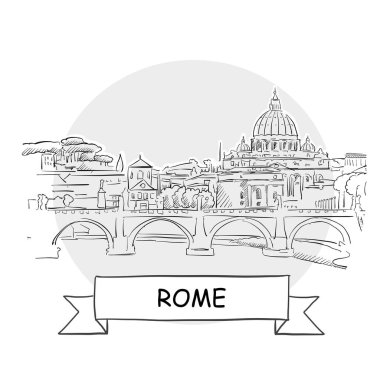 Roma Şehri Vektör İşareti. Kurdele ve Başlıklı Çizgi Sanat Resimleri.