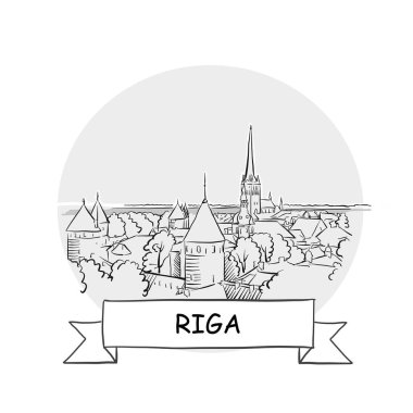 Riga Şehir Vektör İşareti. Kurdele ve Başlıklı Çizgi Sanat Resimleri.