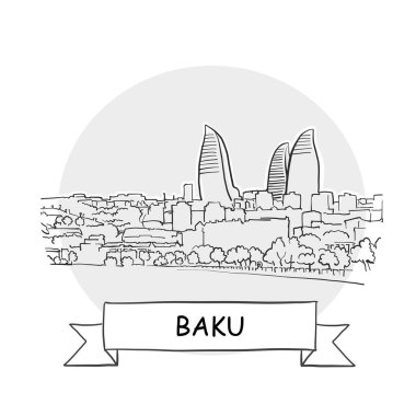 Bakü Şehir Vektör İşareti. Kurdele ve Başlıklı Çizgi Sanat Resimleri.