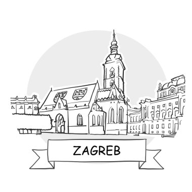 Zagreb Cityscape Vector Sign. Line Art Illustration with Ribbon and Title. clipart