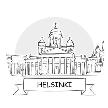 Helsinki Şehir Vektör İşareti. Kurdele ve Başlıklı Çizgi Sanat Resimleri.
