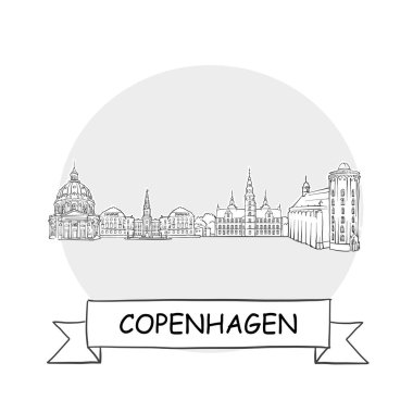 Kopenhag Şehir Vektör İşareti. Kurdele ve Başlıklı Çizgi Sanat Resimleri.