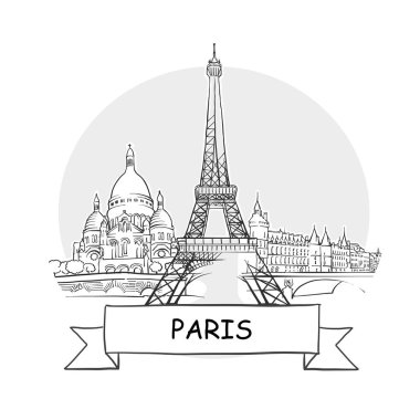 Paris Şehir Vektör İşareti. Kurdele ve Başlıklı Çizgi Sanat Resimleri.