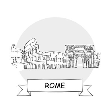Roma Şehri Vektör İşareti. Kurdele ve Başlıklı Çizgi Sanat Resimleri.