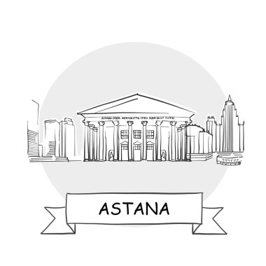Astana Şehir Vektör İşareti. Kurdele ve Başlıklı Çizgi Sanat Resimleri.