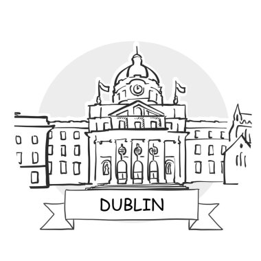 Dublin Şehir Vektör İşareti. Kurdele ve Başlıklı Çizgi Sanat Resimleri.
