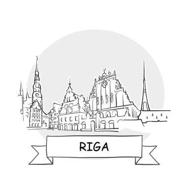 Riga Şehir Vektör İşareti. Kurdele ve Başlıklı Çizgi Sanat Resimleri.