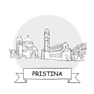 Priştine Kenti Vektör İşareti. Kurdele ve Başlıklı Çizgi Sanat Resimleri.