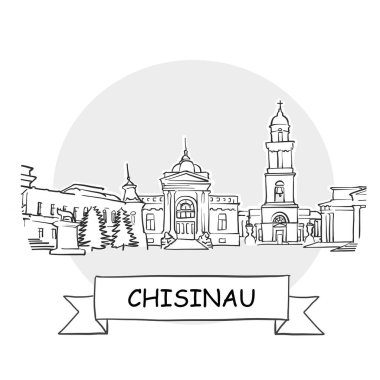 Chisinau Şehir Vektör İşareti. Kurdele ve Başlıklı Çizgi Sanat Resimleri.