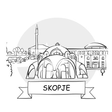 Üsküp Şehir Vektör İşareti. Kurdele ve Başlıklı Çizgi Sanat Resimleri.
