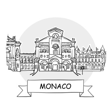 Monaco Şehir Vektör İşareti. Kurdele ve Başlıklı Çizgi Sanat Resimleri.