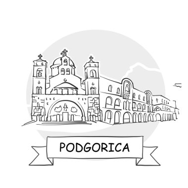 Podgorica Şehir Vektör İşareti. Kurdele ve Başlıklı Çizgi Sanat Resimleri.