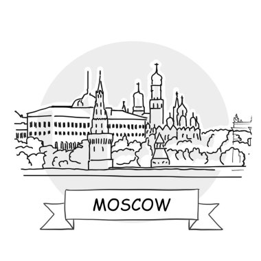 Moskova Şehri Vektör İşareti. Kurdele ve Başlıklı Çizgi Sanat Resimleri.